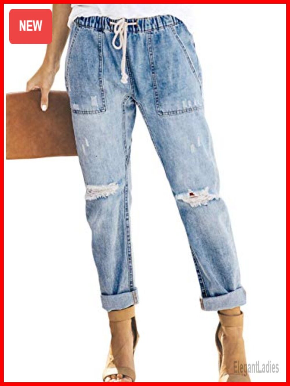 Women's Casual Pull-on Distressed Stretch Jeans Elastic Waist Denim Joggers